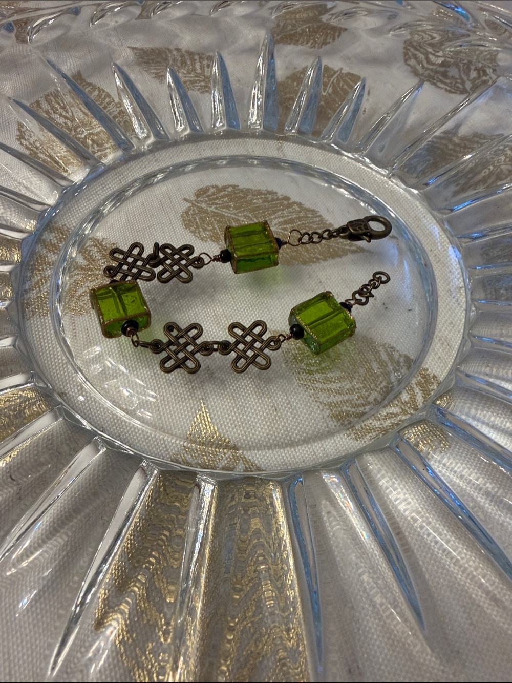 Green glass beaded bracelet with Celtic design Women’s Jewelry